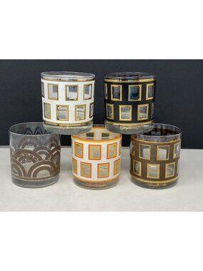 Set Of 5 Vintage Georges Briard Rocks Glasses Gold Window Pane Squares Signed